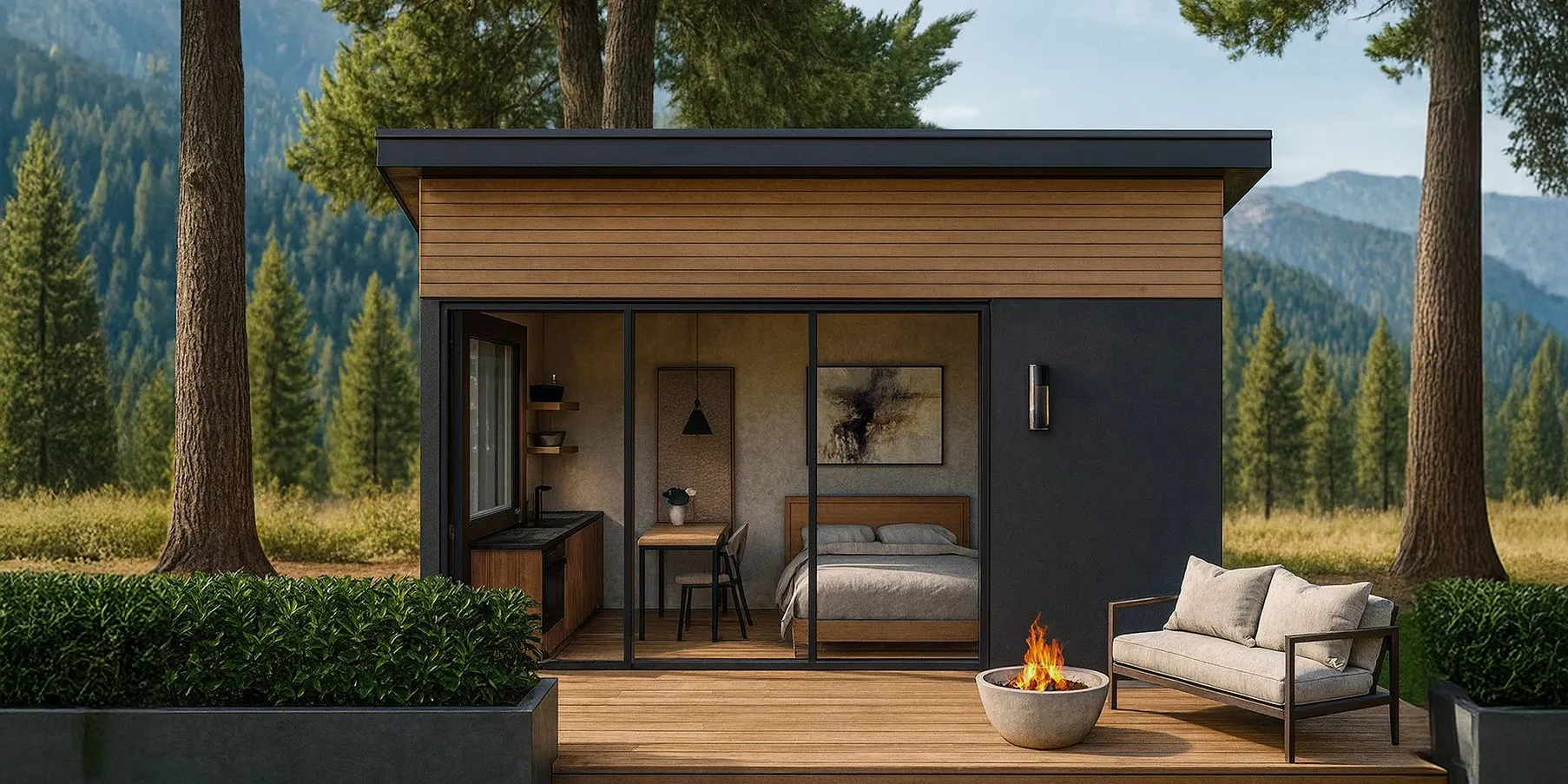 Modern small cabin with glass sliding doors, showing a bedroom and kitchenette inside, set on a wooden deck with a fire pit and outdoor sofa, surrounded by trees and mountains.