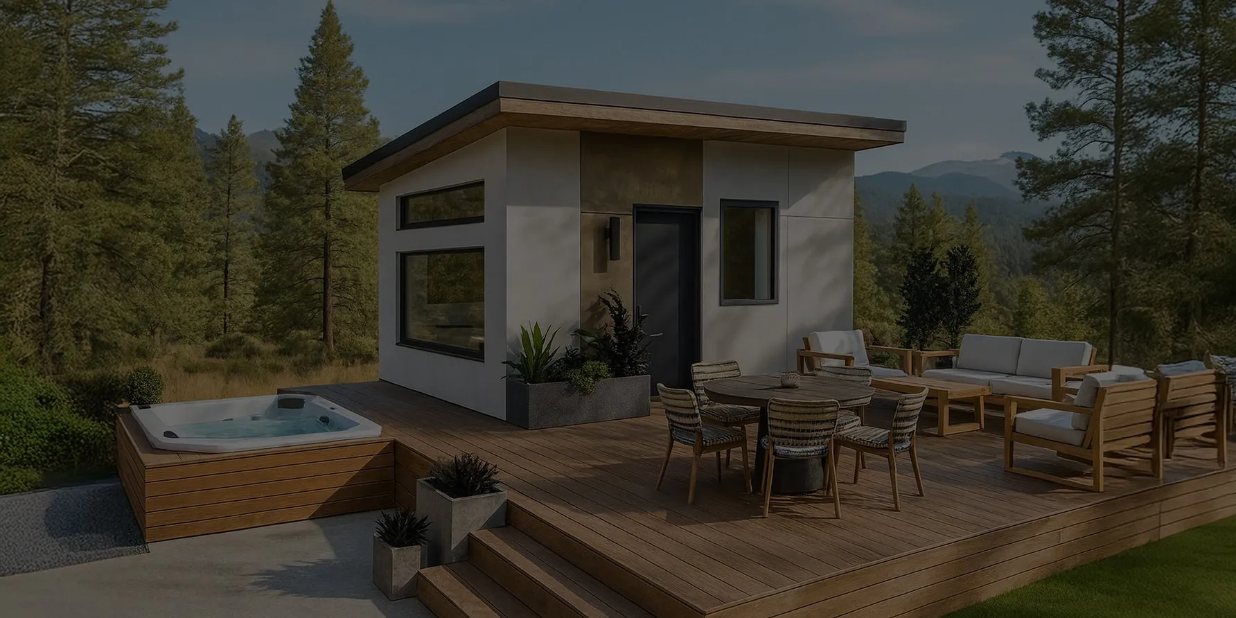 Modern tiny house with large windows on a wooden deck featuring outdoor seating and a hot tub surrounded by forest and mountains.