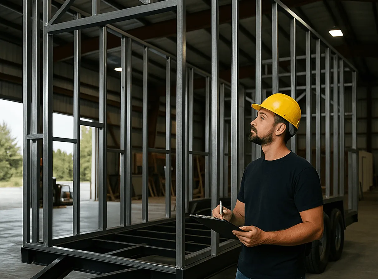Man in yellow hard hat and black shirt holding clipboard and pen inspecting metal frame structure inside warehouse.