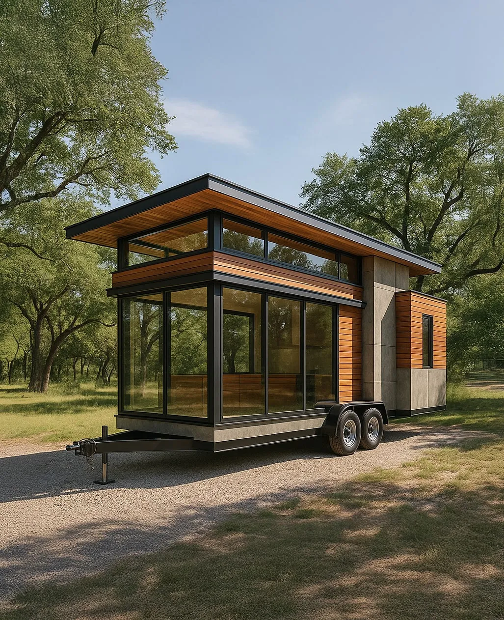 Modern tiny house on wheels with large glass windows and wood paneling parked on a gravel path surrounded by green trees.