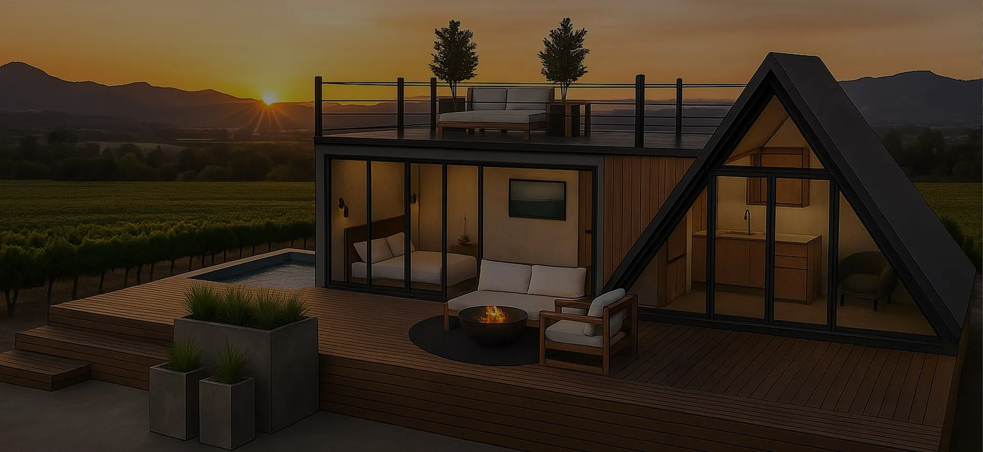 Modern cabin with wooden deck, outdoor seating, fire pit, rooftop lounge, and vineyard at sunset.