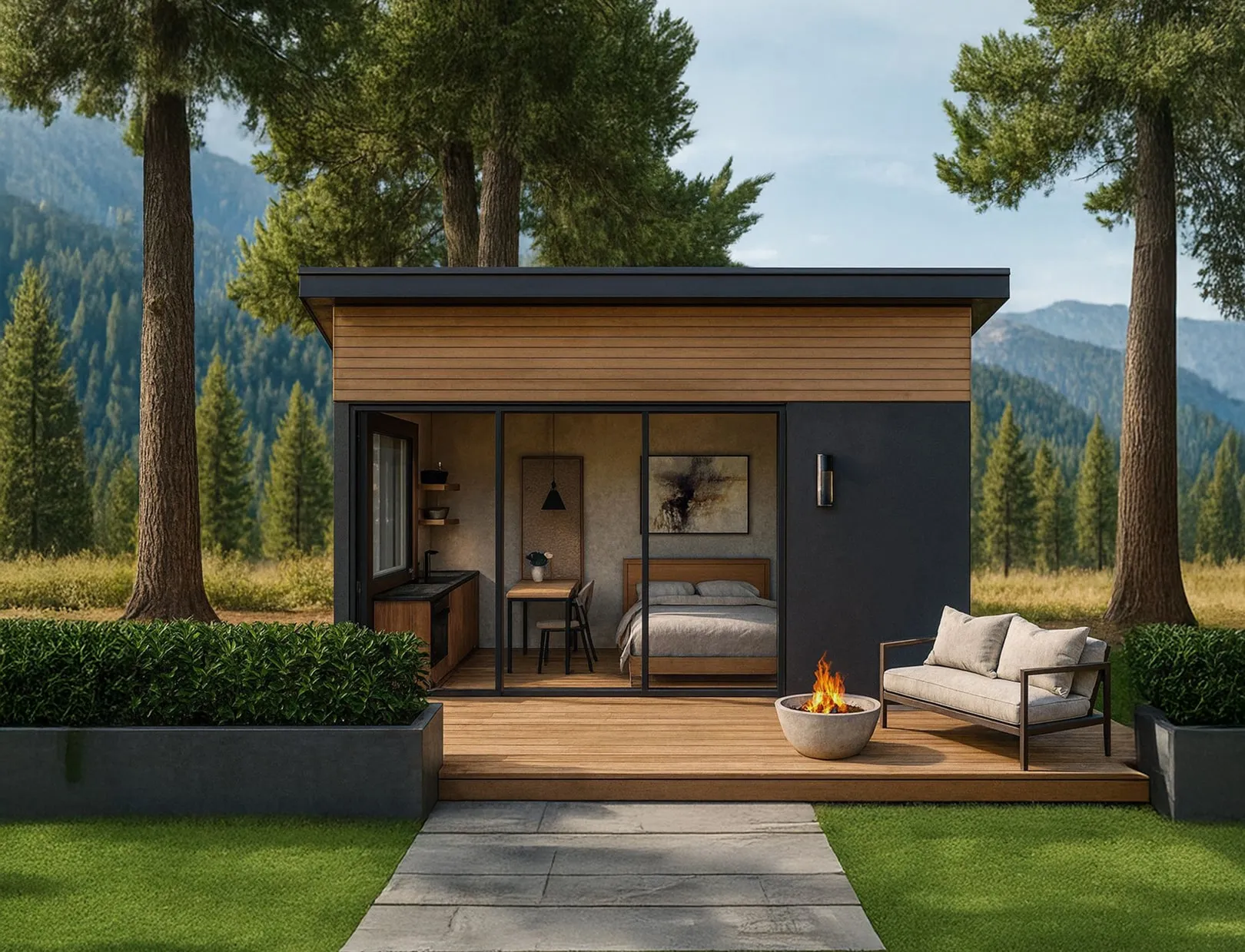 Modern small cabin with glass sliding doors showing a bedroom and kitchenette, wooden deck with fire pit and cushioned bench, surrounded by trees and mountains.