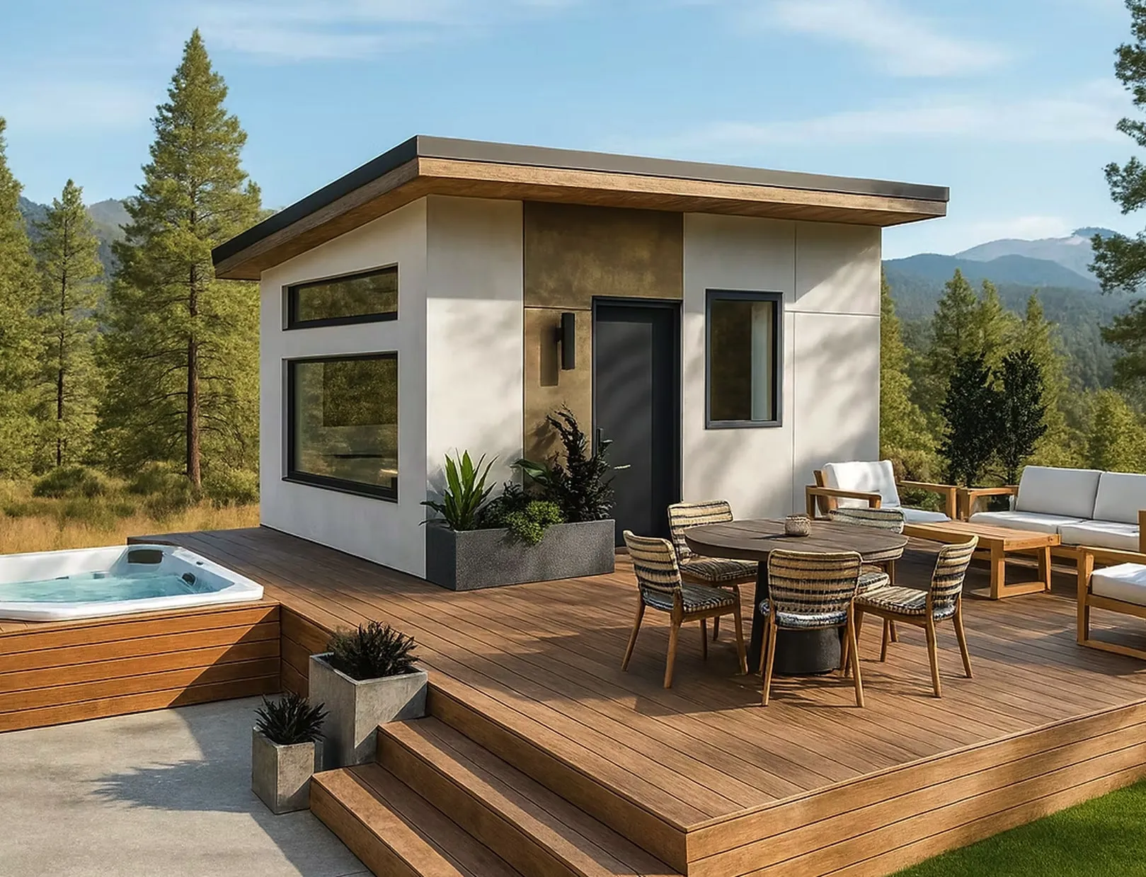 Modern small house on wooden deck with outdoor dining furniture, lounge seating, potted plants, and a built-in hot tub, surrounded by trees and mountains.