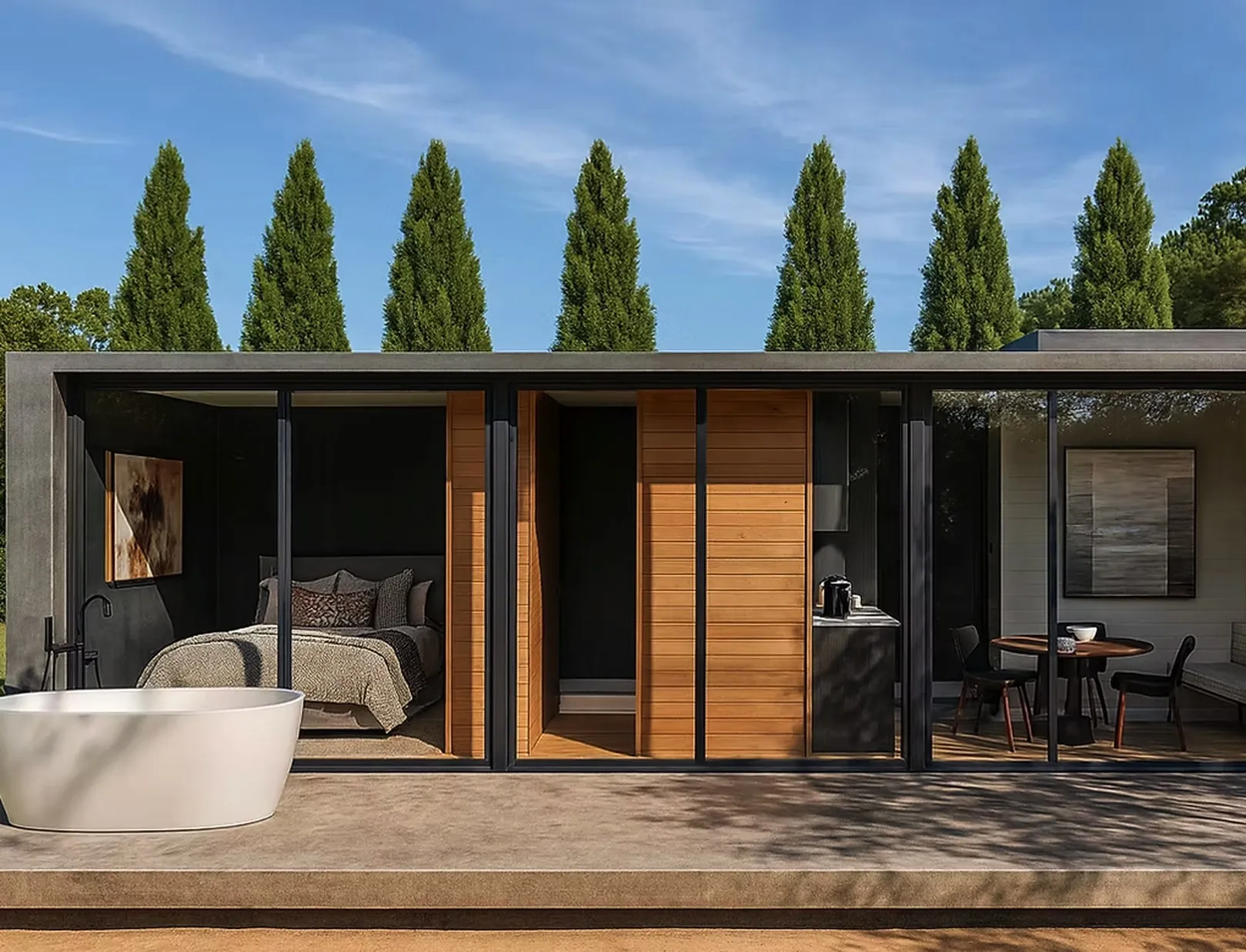Modern house exterior with large glass sliding doors revealing a bedroom, a kitchen area, and a dining space, with a white bathtub outside on a concrete patio and tall green trees in the background.