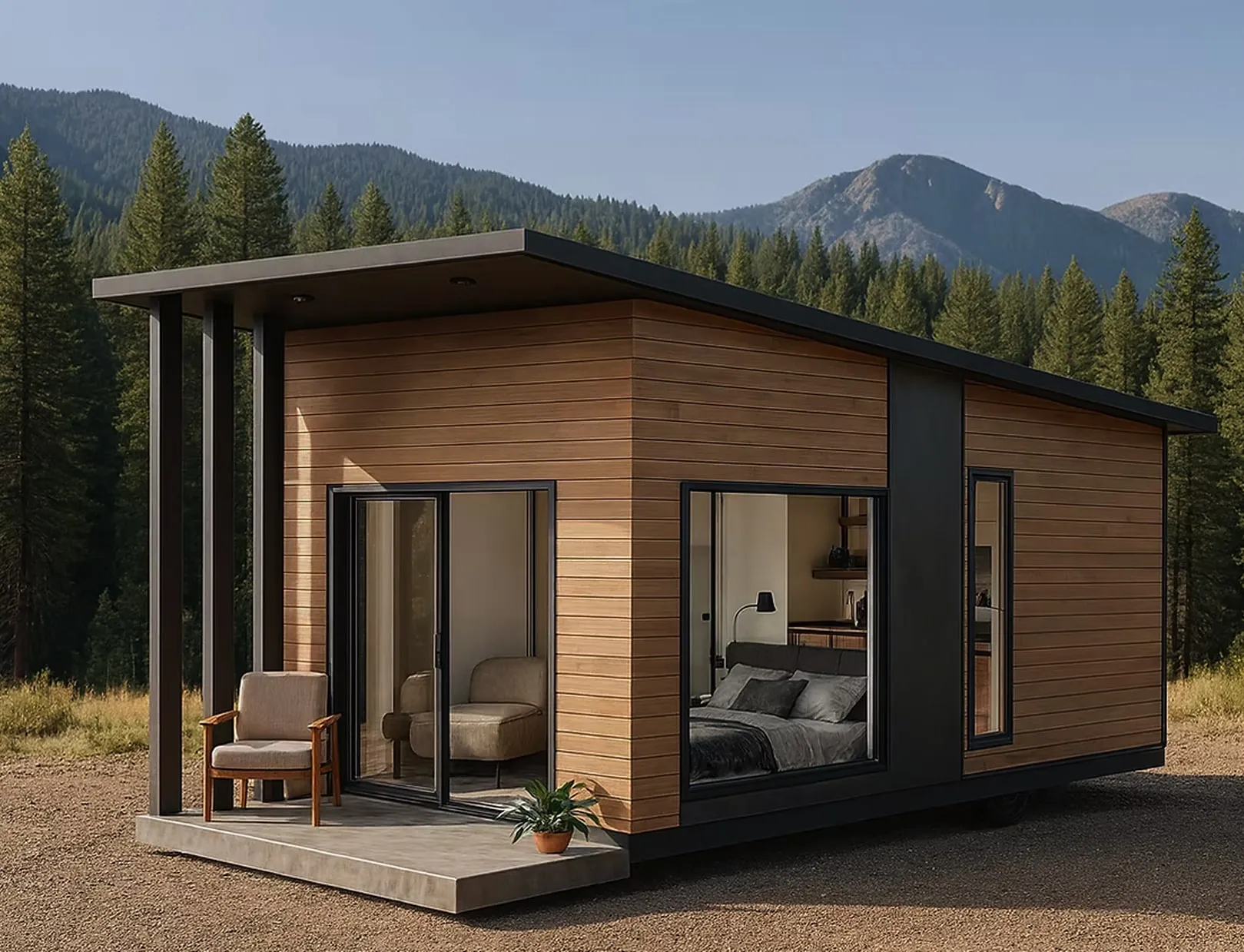 Modern tiny house with wooden siding and large windows, situated in a forested mountain area with outdoor chair and potted plant on the porch.