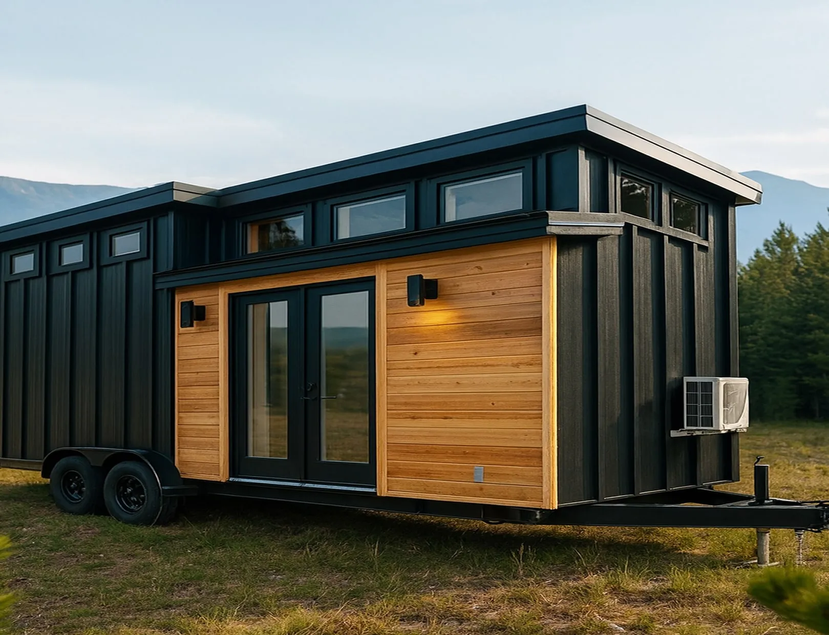 Modern tiny house on wheels with black metal siding, wooden accent panels, and glass double doors in a grassy outdoor setting.