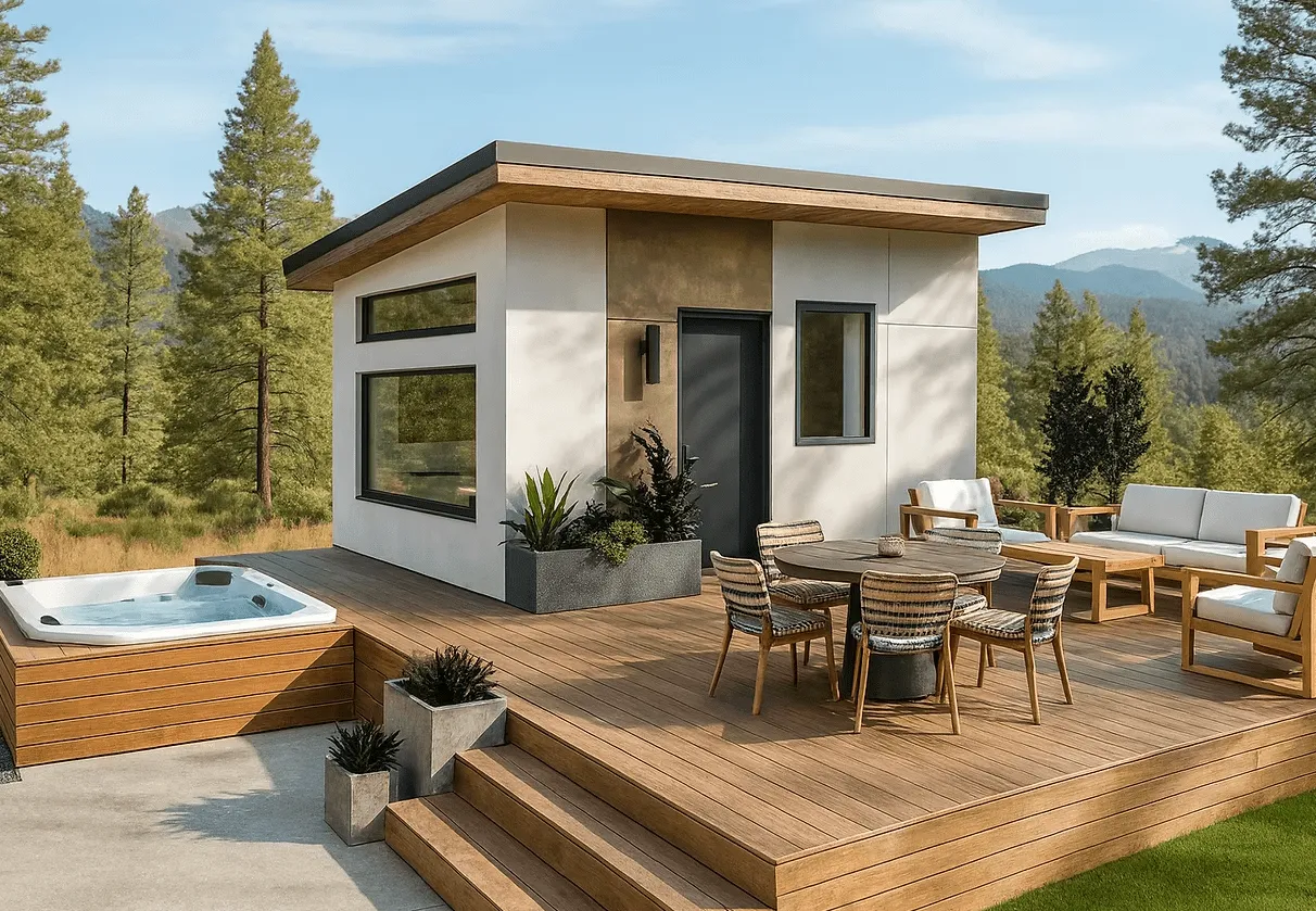 Modern tiny house with gray door and large windows on wooden deck featuring outdoor dining set, seating area, and built-in hot tub surrounded by trees and mountains.