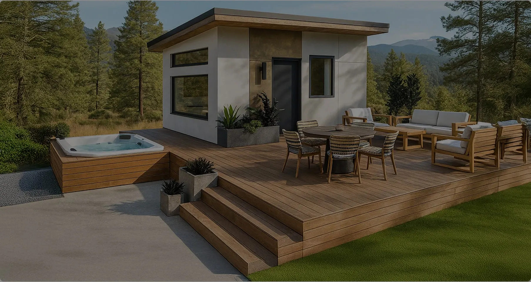 Modern small house with a wooden deck featuring outdoor seating and a hot tub, surrounded by trees and mountains.