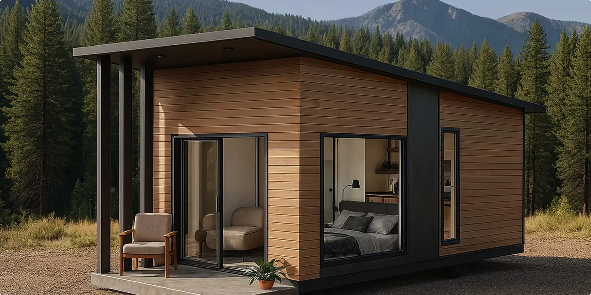 Modern tiny house with wood paneling, large windows, a small porch with a chair, surrounded by forest and mountains.