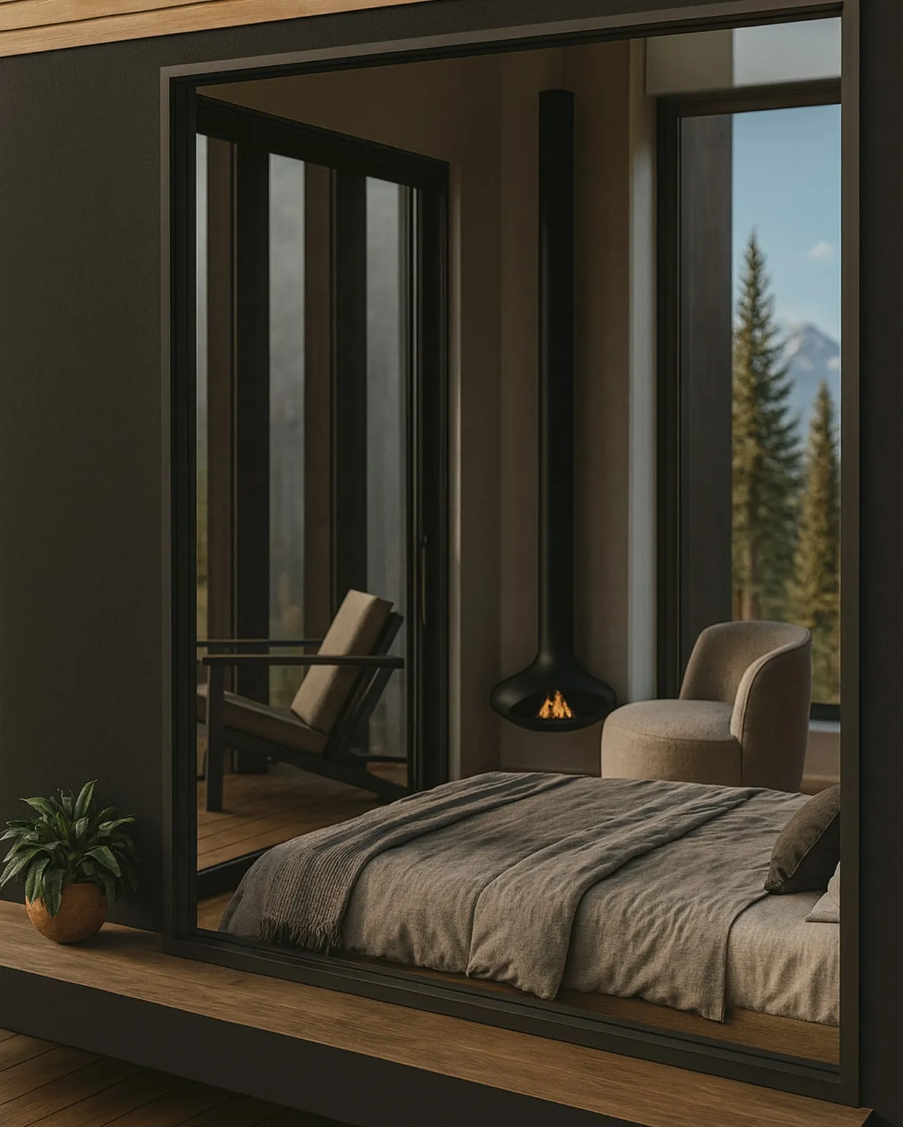 Cozy bedroom with beige chair, hanging fireplace, large window showing pine trees and mountains, and a neatly made bed with gray blankets.