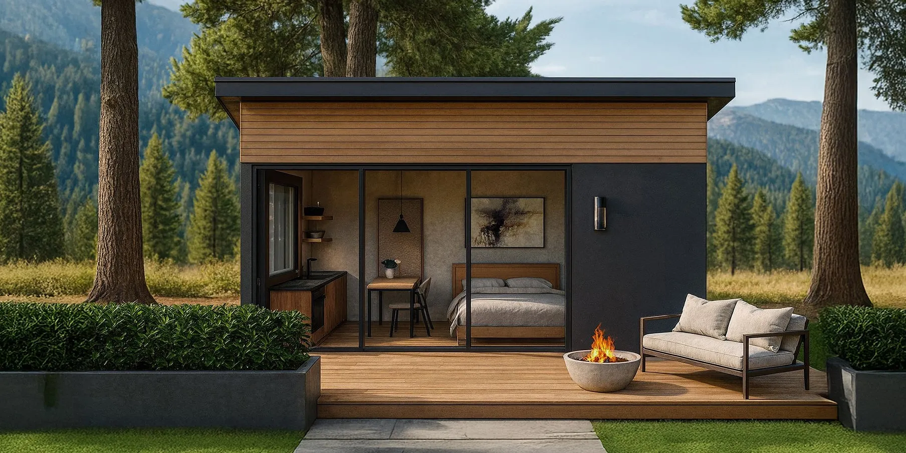 Modern tiny house with wood and dark exterior, featuring a glass sliding door opening to a studio interior with a bed, table, and kitchenette, a fire pit, and a cushioned outdoor sofa on the wooden deck surrounded by trees and mountains.