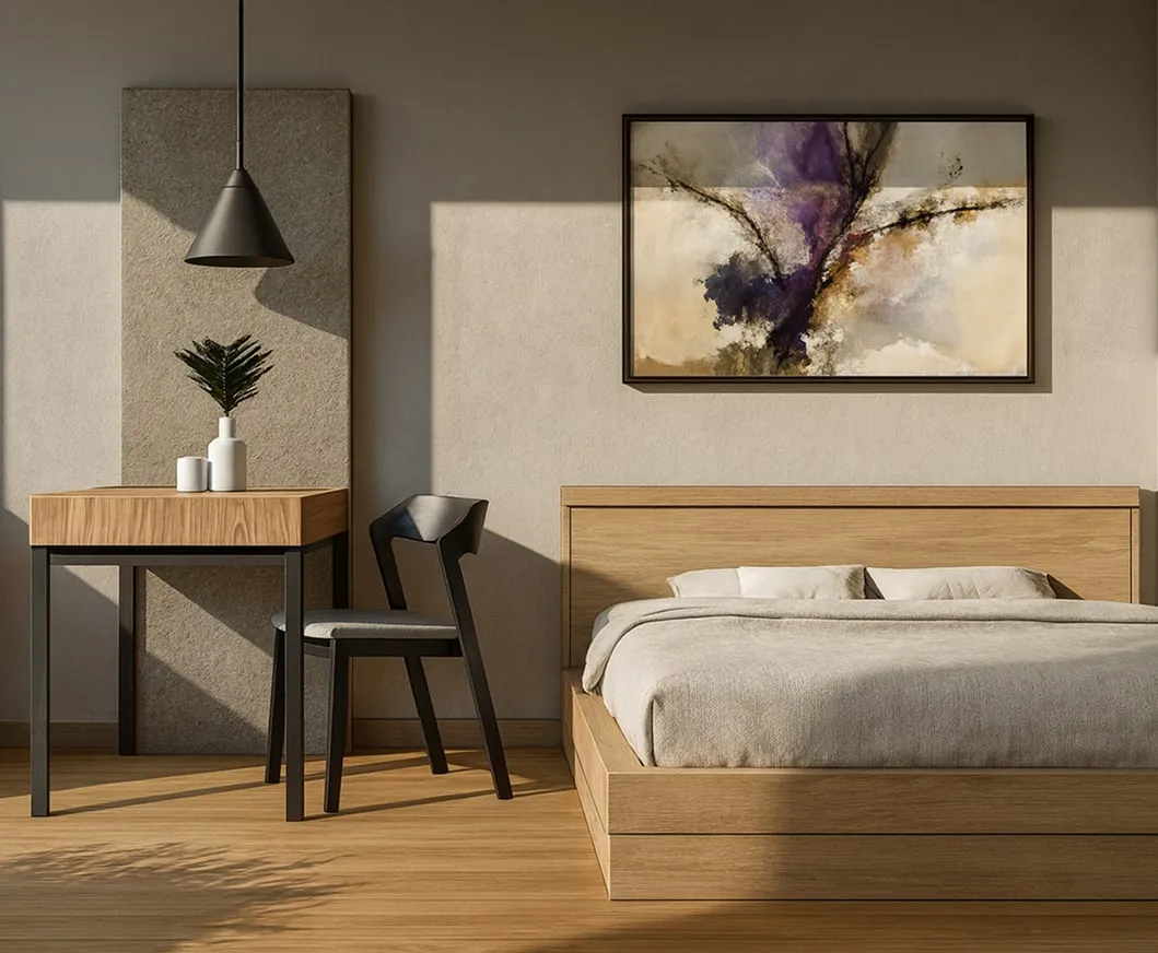 Minimalist bedroom with wooden platform bed, beige bedding, black chair, wooden table with vases, and abstract purple and beige wall art.