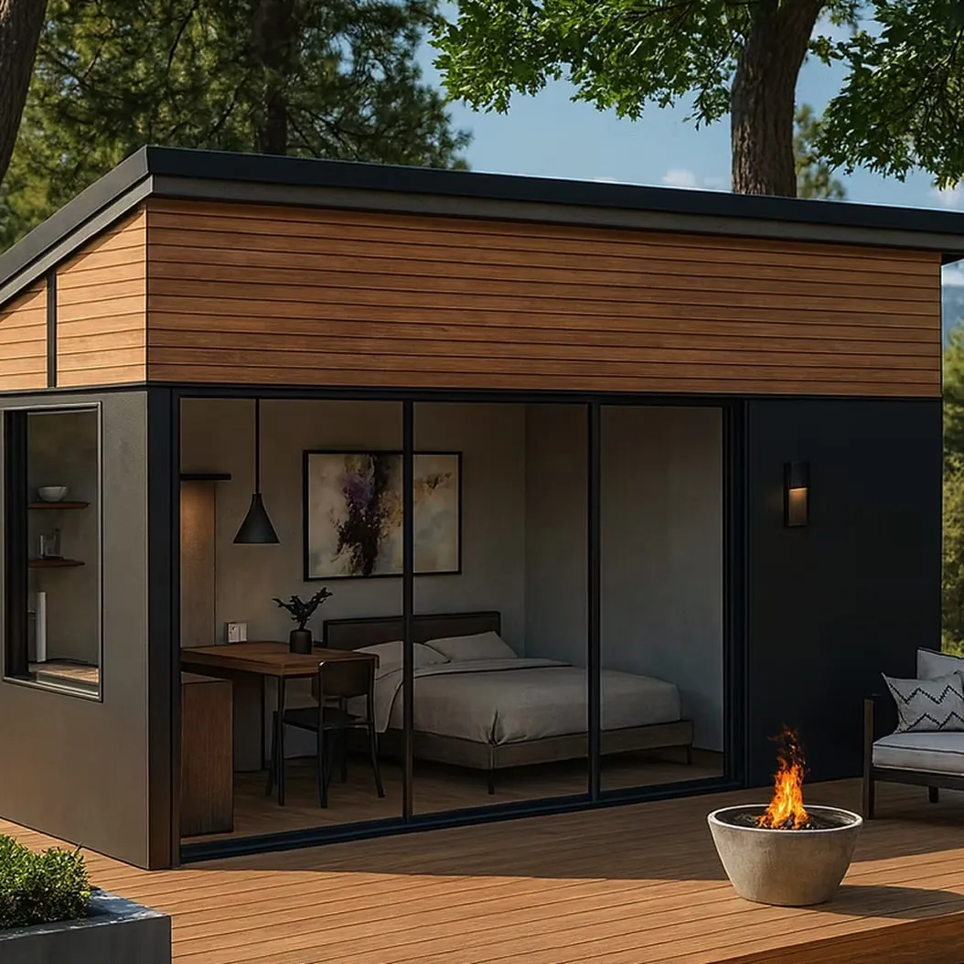 Modern backyard cabin with wooden deck, glass sliding doors revealing a bedroom and dining area, and a fire pit on the deck.