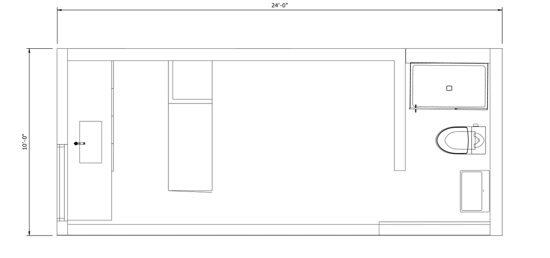 Floor plan of a 24 by 10 foot rectangular bathroom showing a sink with countertop, a toilet, a bathtub, and a storage cabinet.