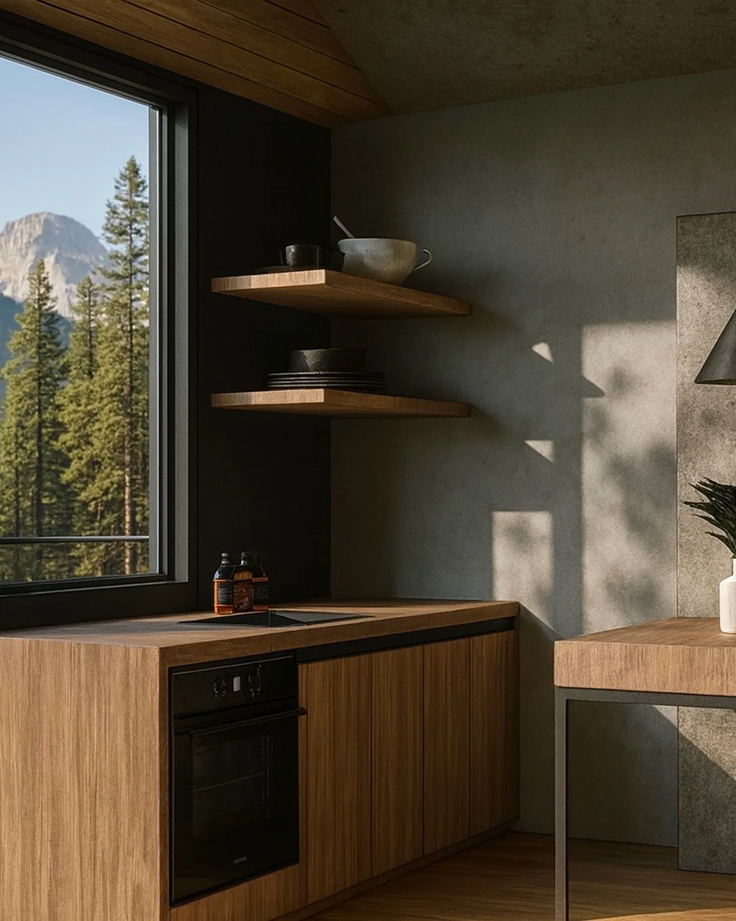 Minimalist kitchen corner with wooden cabinets, floating shelves holding dishes, and a large window showing pine trees and a mountain.