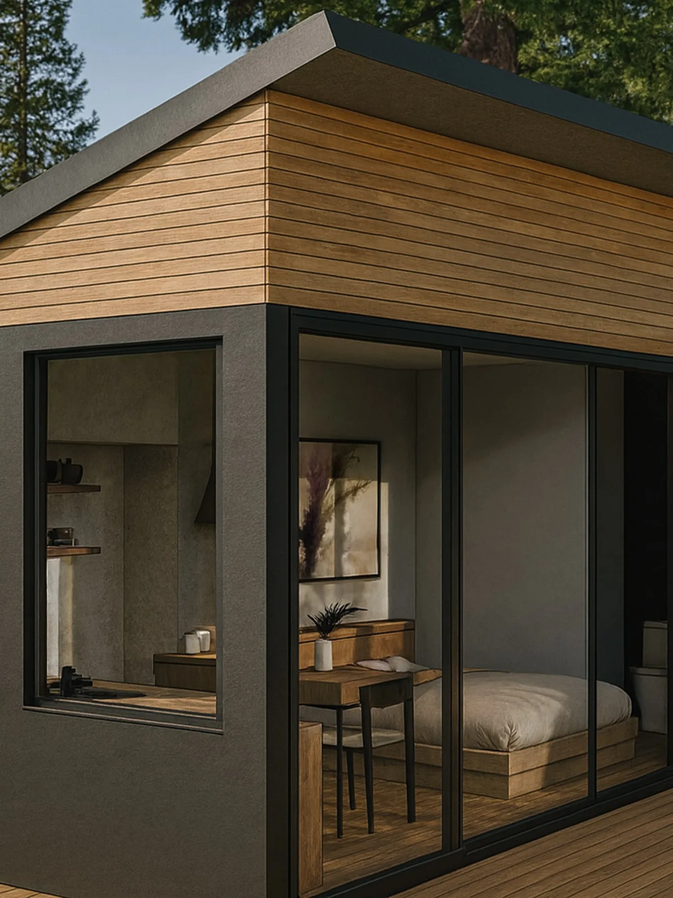 Modern small house corner with large windows showing a bedroom with wooden furniture and a neatly made bed.