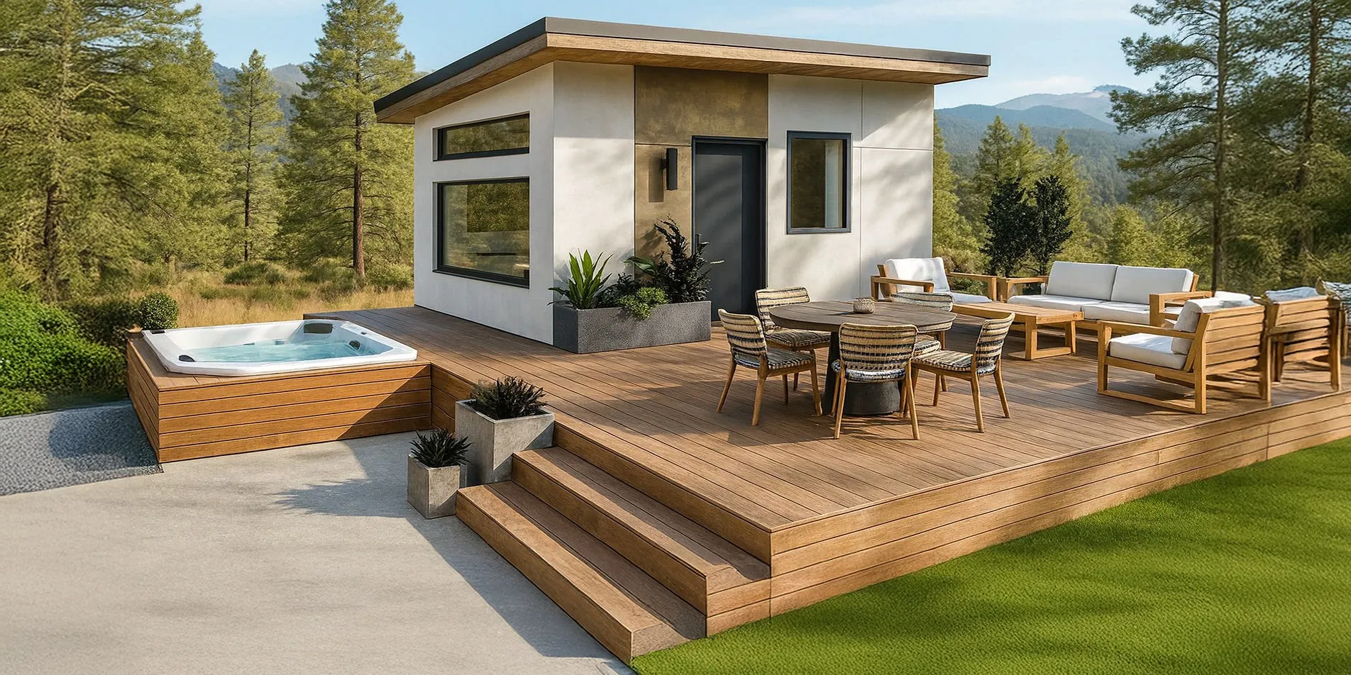 Modern backyard deck with a small building, outdoor seating area, dining table with chairs, and a jacuzzi surrounded by trees and mountains.