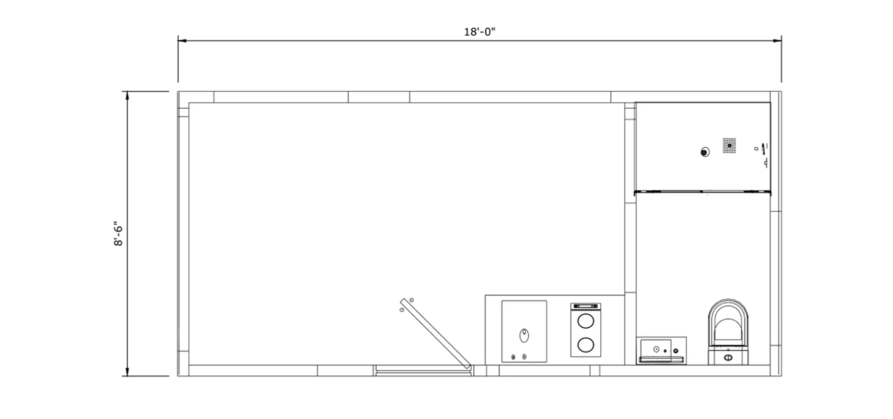 Floor plan of a rectangular tiny room measuring 18 feet by 8 feet 6 inches with a kitchenette, bathroom with shower, toilet, and sink.