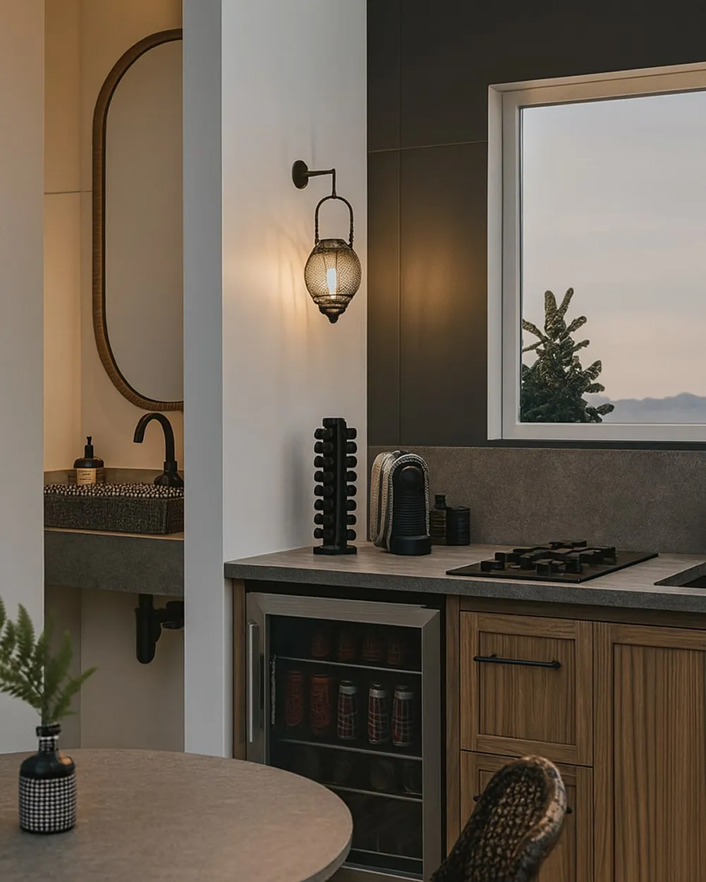 Modern kitchen corner with wooden cabinets, small refrigerator, coffee machine, and a round table with a vase and green plant.