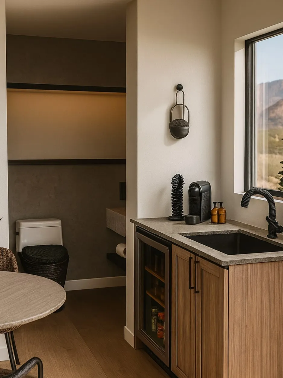 Modern kitchenette with wooden cabinets, black sink, coffee machine, and window overlooking a mountainous landscape, next to a small bathroom with a toilet and shelves.
