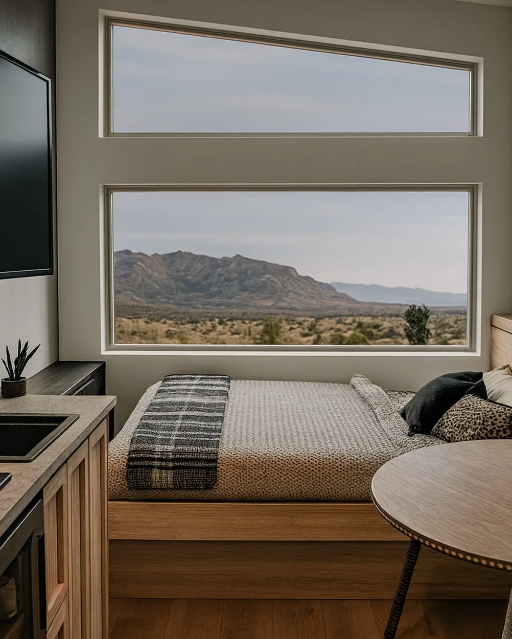 Modern bedroom with a bed covered in a beige blanket and patterned pillows, next to a round wooden table and large windows showing a mountain landscape.