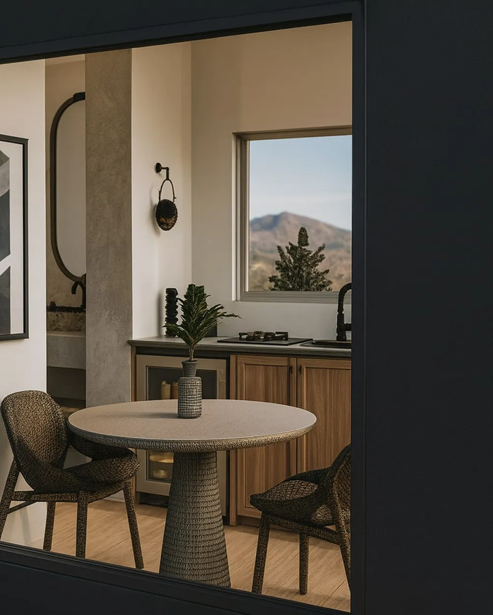 Cozy dining area with a round table, woven chairs, a small vase with greenery, and a kitchen counter with a window showing a mountain view.