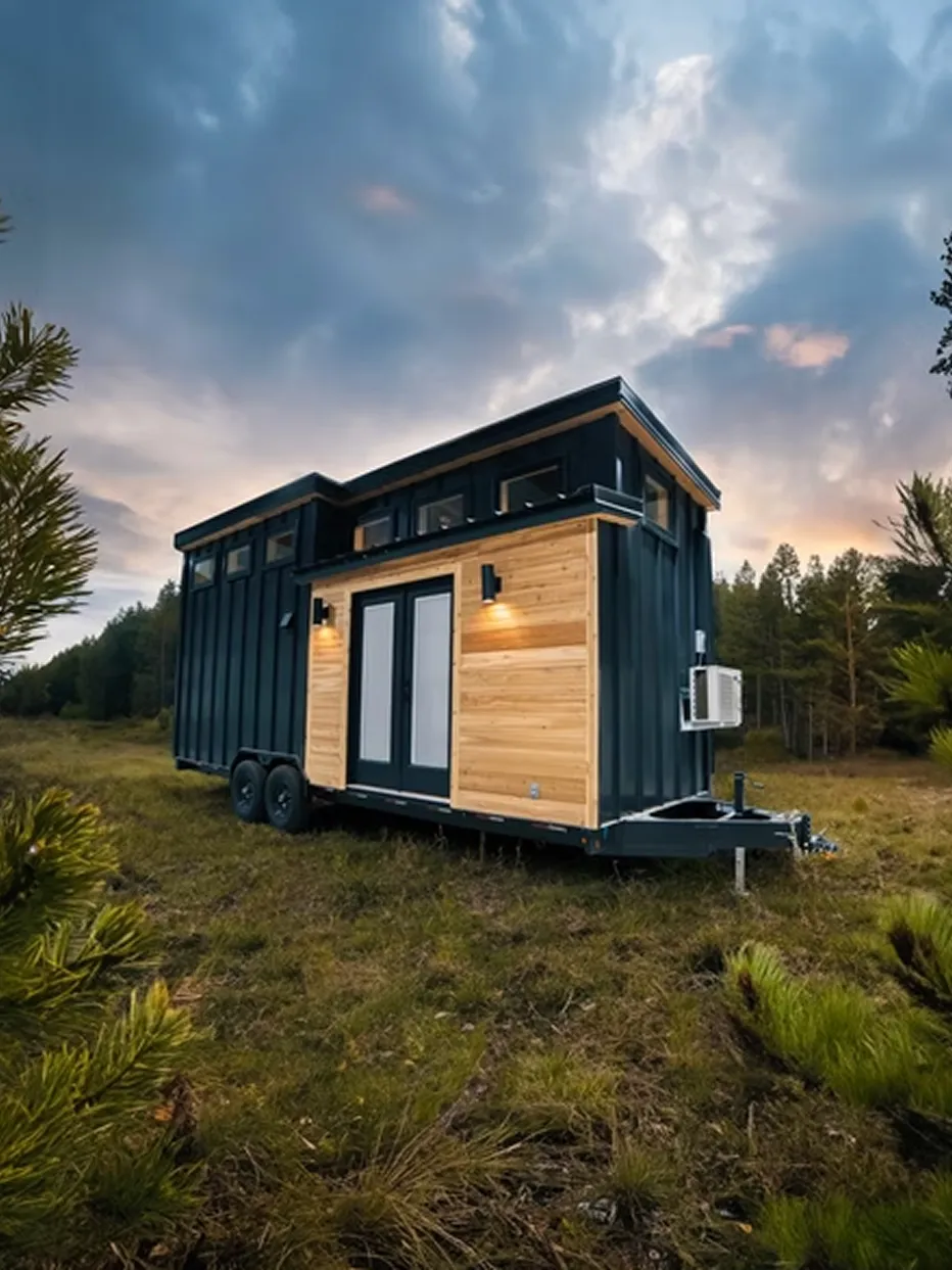 Modern tiny house with dark blue and natural wood exterior on wheels in a grassy clearing surrounded by trees at sunset.