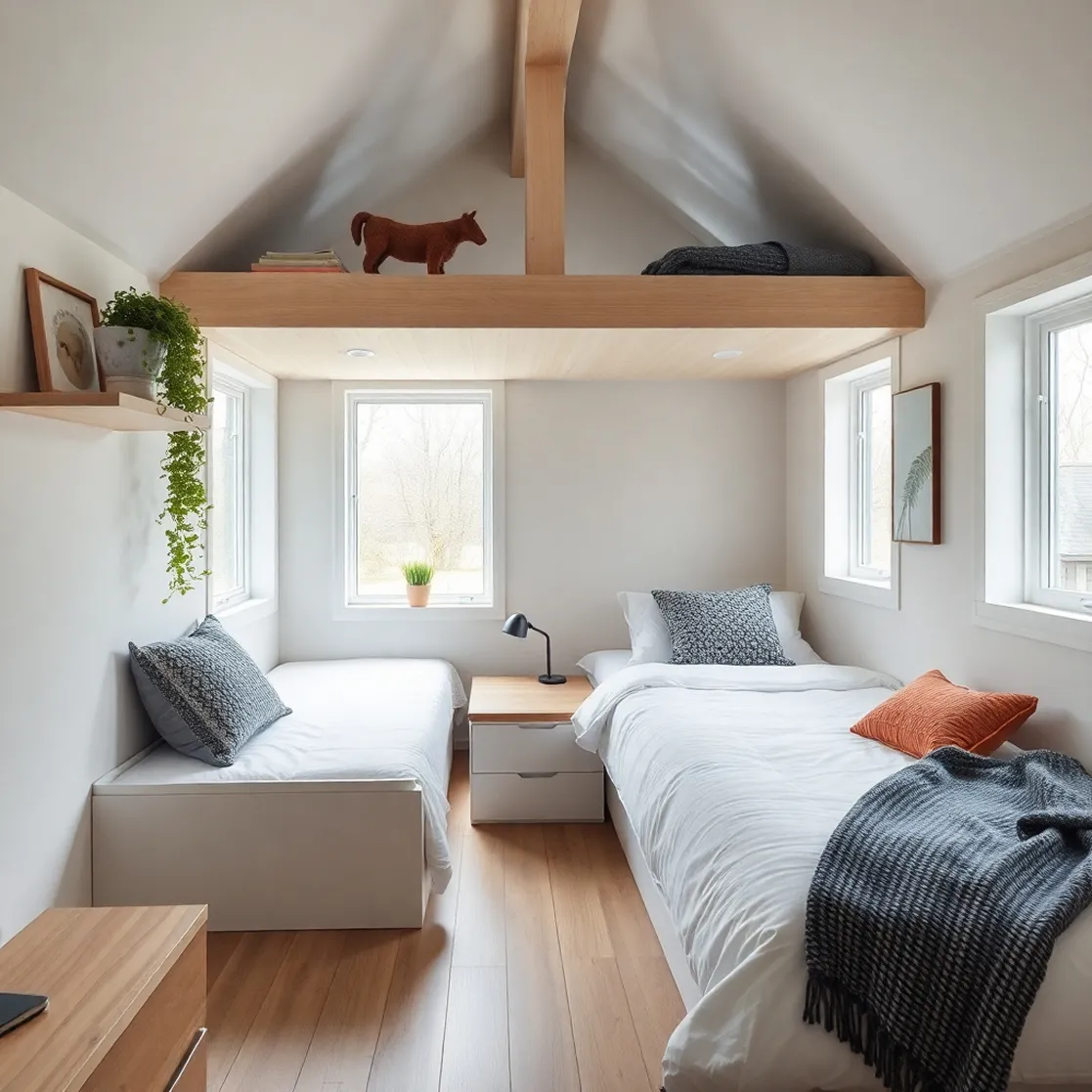 Minimalist bedroom with two single beds, white bedding, wooden floor, central nightstand with lamp, and small loft shelf above.