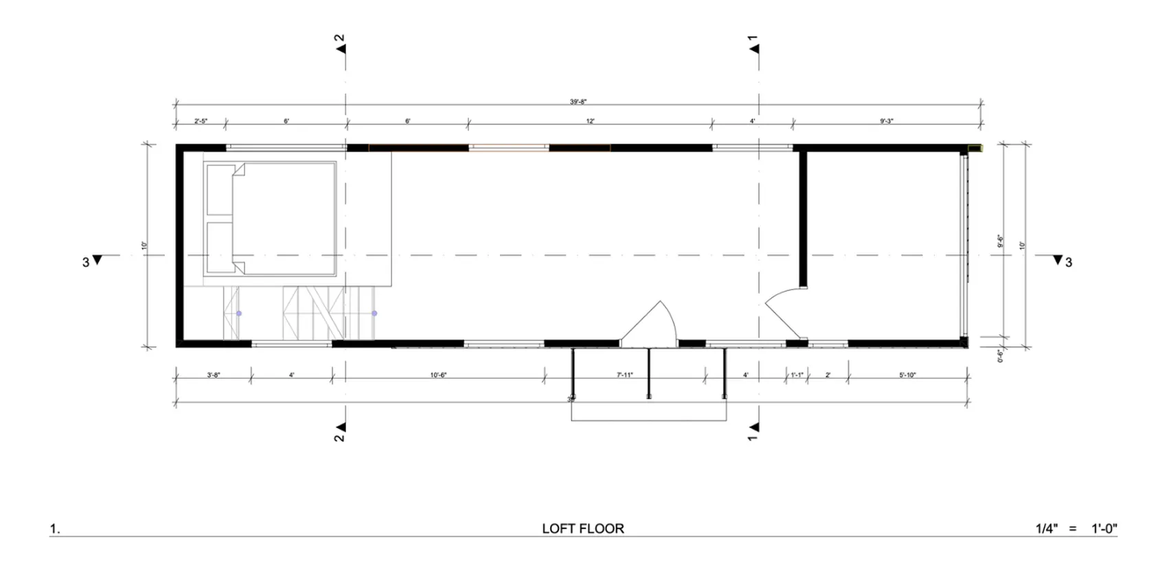 Architectural floor plan of a loft showing a bed area, open space, and stair access with measurements.