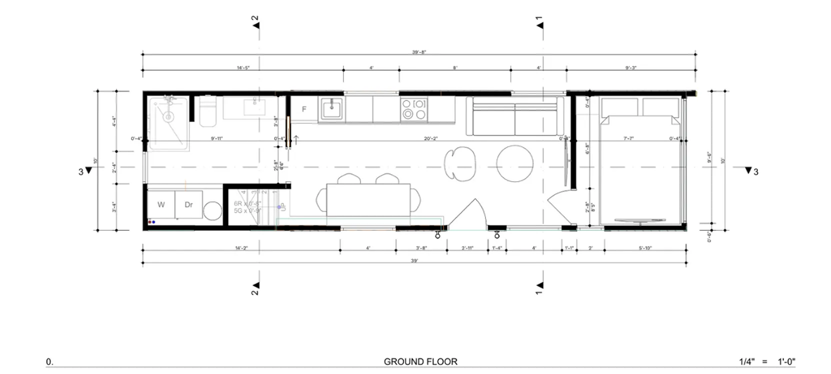 Architectural floor plan of a small rectangular living space showing a bedroom with a bed, living area with sofa and table, kitchen with sink and stove, dining table with chairs, and a bathroom with washer and dryer.