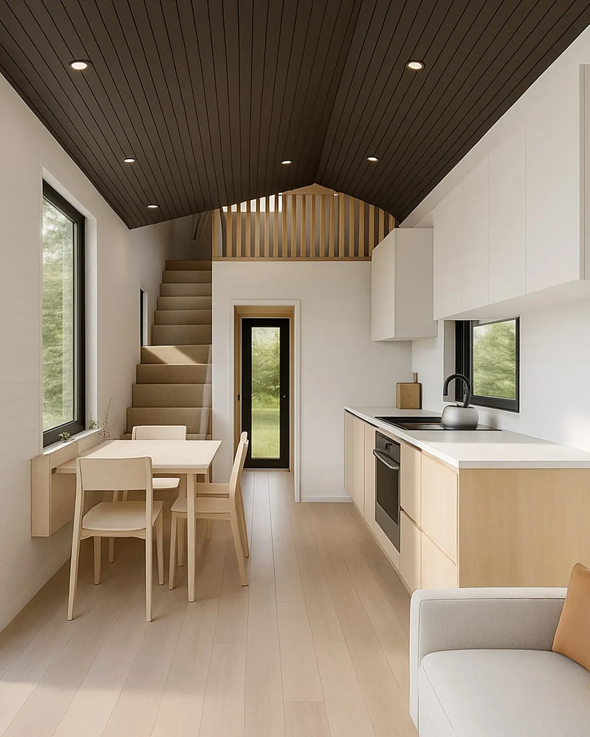 Modern small kitchen and dining area with light wood flooring, beige cabinets, black ceiling, and staircase leading to loft.