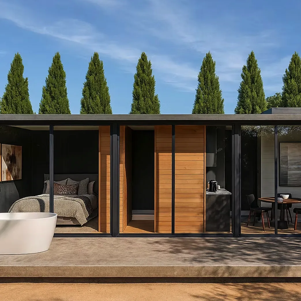 Modern house exterior with large glass windows, wooden panels, outdoor bathtub, and tall green trees in the background under a blue sky.