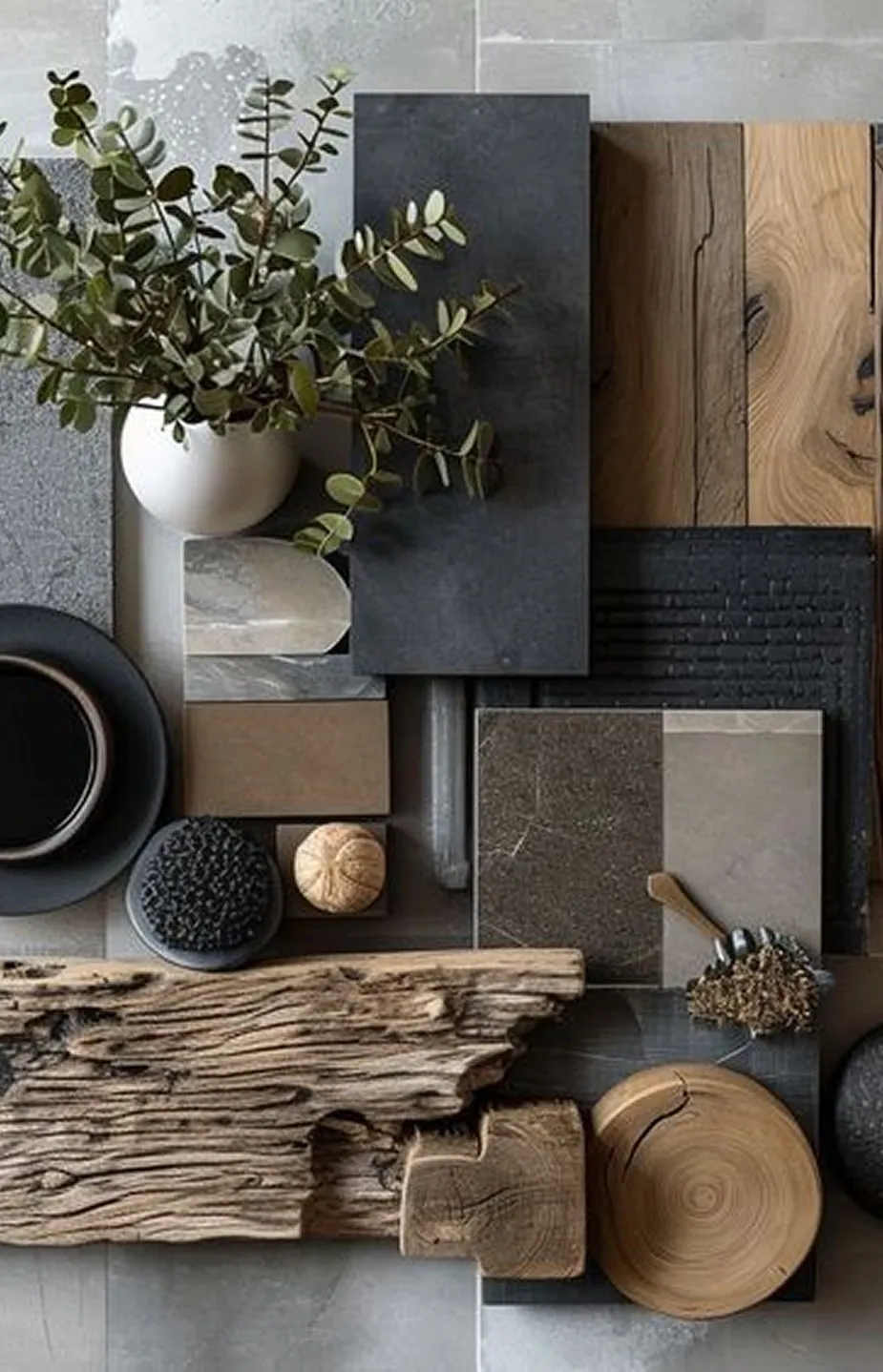 Arrangement of natural materials including eucalyptus branches in a white vase, wood pieces, stone tiles, and textured objects on a gray surface.