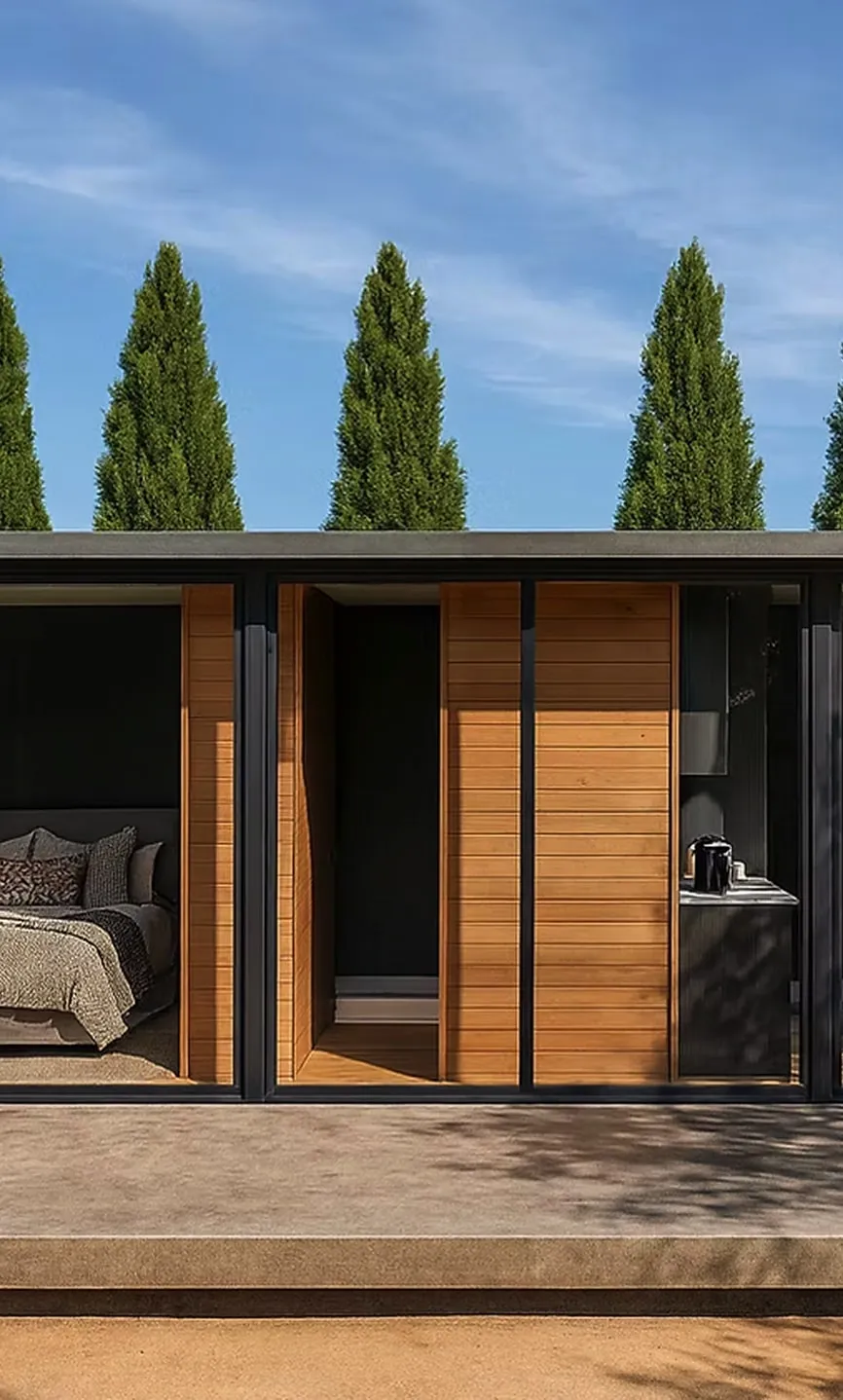 Modern building exterior with large glass sliding doors, showing a bedroom on the left and a kitchenette on the right under a clear blue sky with tall green trees behind.