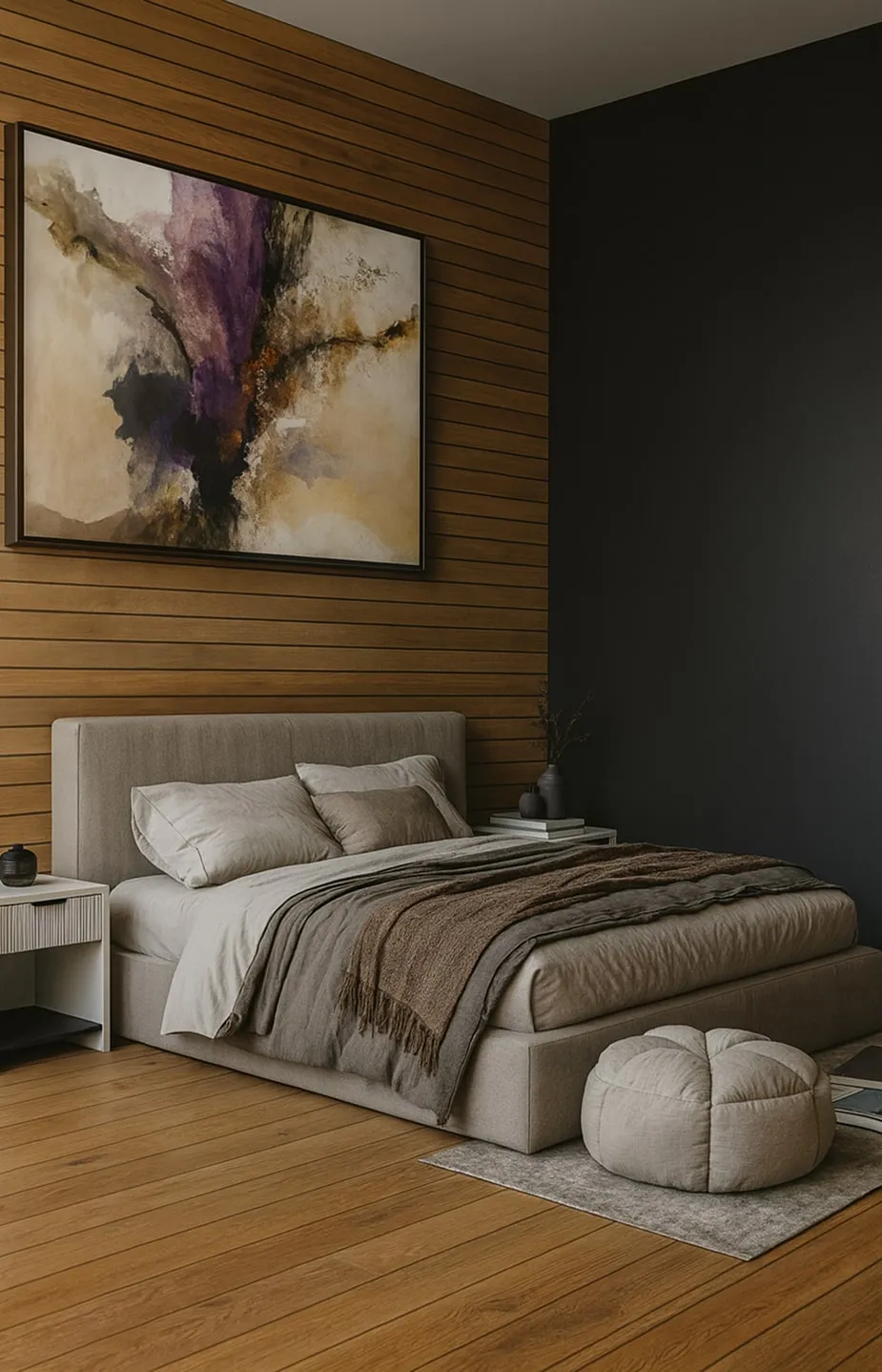 Modern bedroom with a beige upholstered bed, brown and gray blankets, abstract artwork on wooden paneled wall, bedside tables, and a round beige pouf on a small rug.