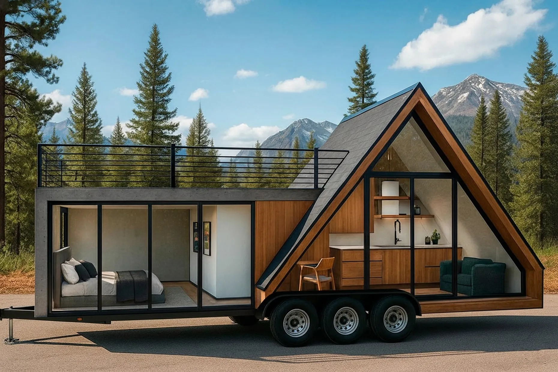 Modern A-frame tiny house on wheels featuring large floor-to-ceiling windows, a bedroom on the left, and a kitchen and sitting area on the right, set against a backdrop of pine trees and mountains.