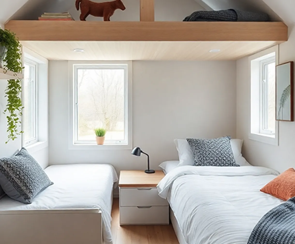 Bright bedroom with two single beds separated by a nightstand holding a black lamp; windows on three walls and a wooden loft shelf above with decor.