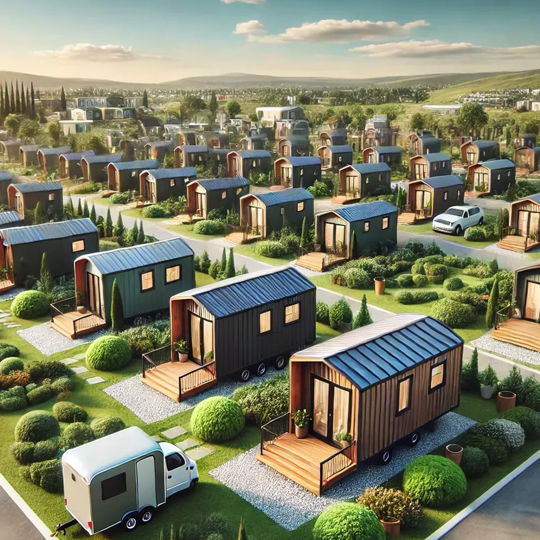 A community of small, modern tiny houses with wooden patios, surrounded by neatly trimmed bushes and greenery under a partly cloudy sky.