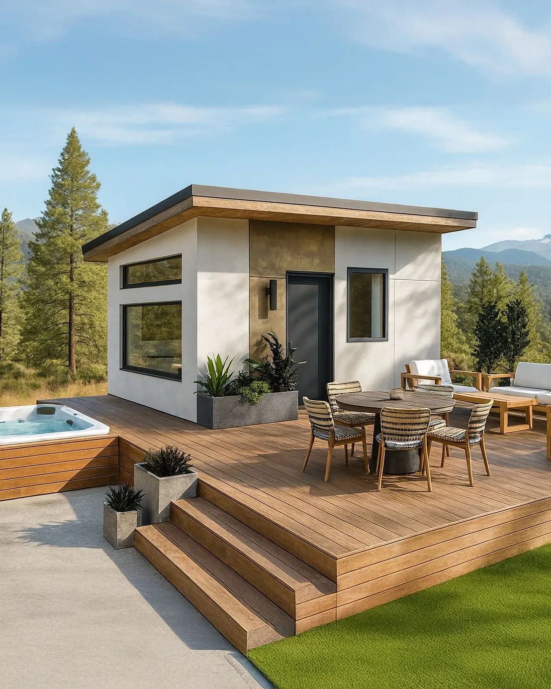 Modern backyard patio with wooden deck, outdoor dining table with chairs, lounge chairs, potted plants, and a built-in hot tub beside a small house surrounded by trees and mountains.