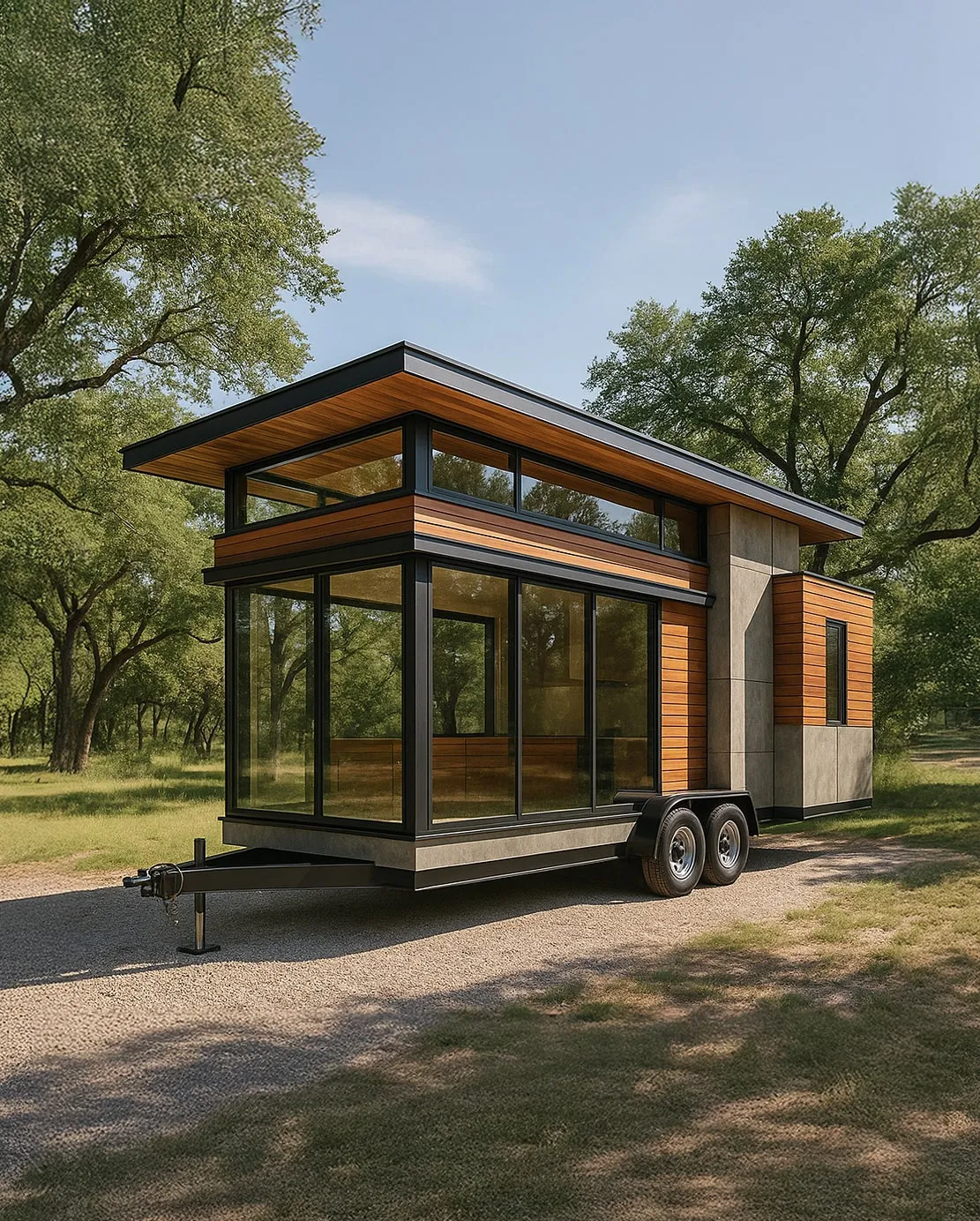 Modern tiny house on wheels with large glass windows and wooden accents parked on a gravel path surrounded by trees.