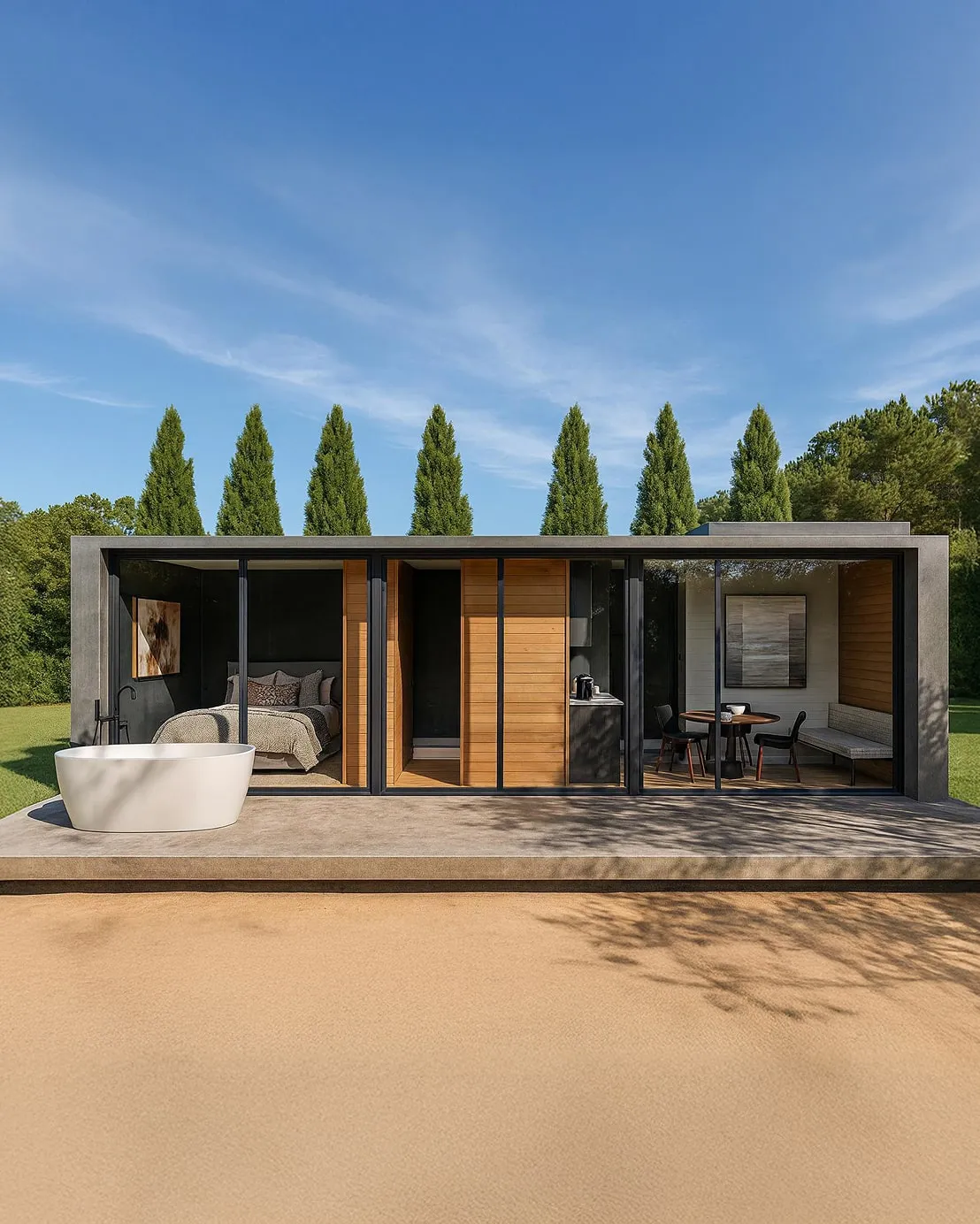 Modern minimalistic house with floor-to-ceiling glass walls showing a bedroom, outdoor bathtub, and dining area against a backdrop of tall trees and clear blue sky.
