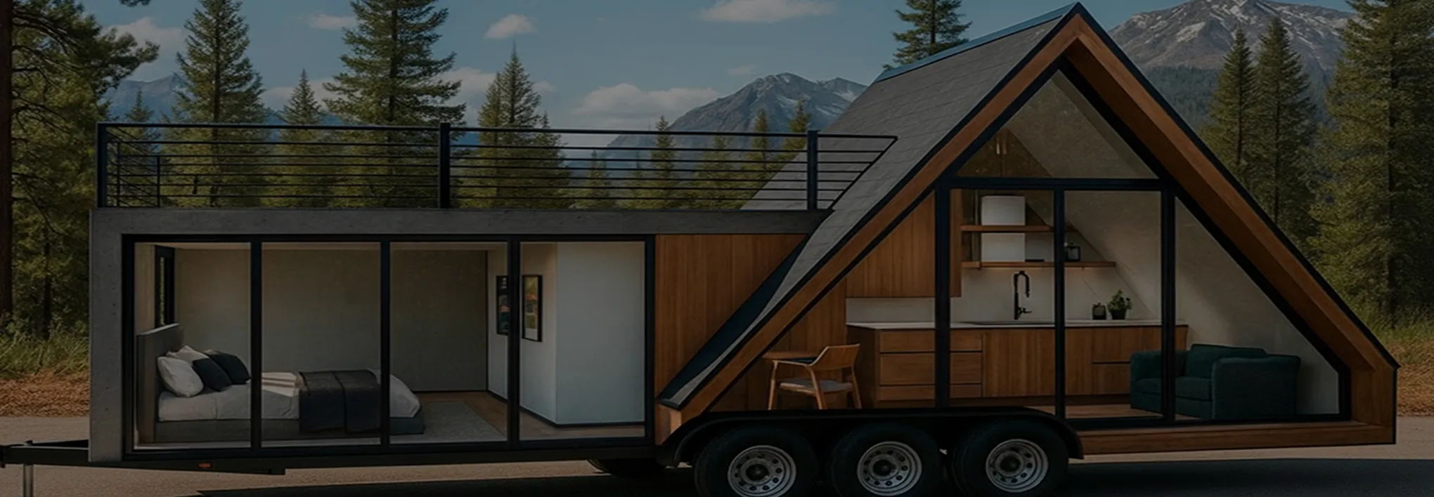 Modern mobile tiny house trailer with large glass windows showing a bedroom, kitchen, and living area, set against a forest and mountain backdrop.
