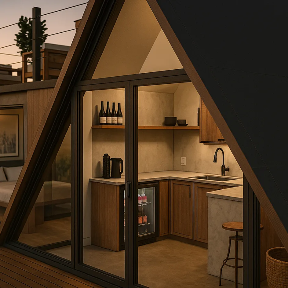 Modern A-frame cabin kitchen with wooden cabinets, countertop, small fridge, and glass sliding doors opening to a wooden deck.