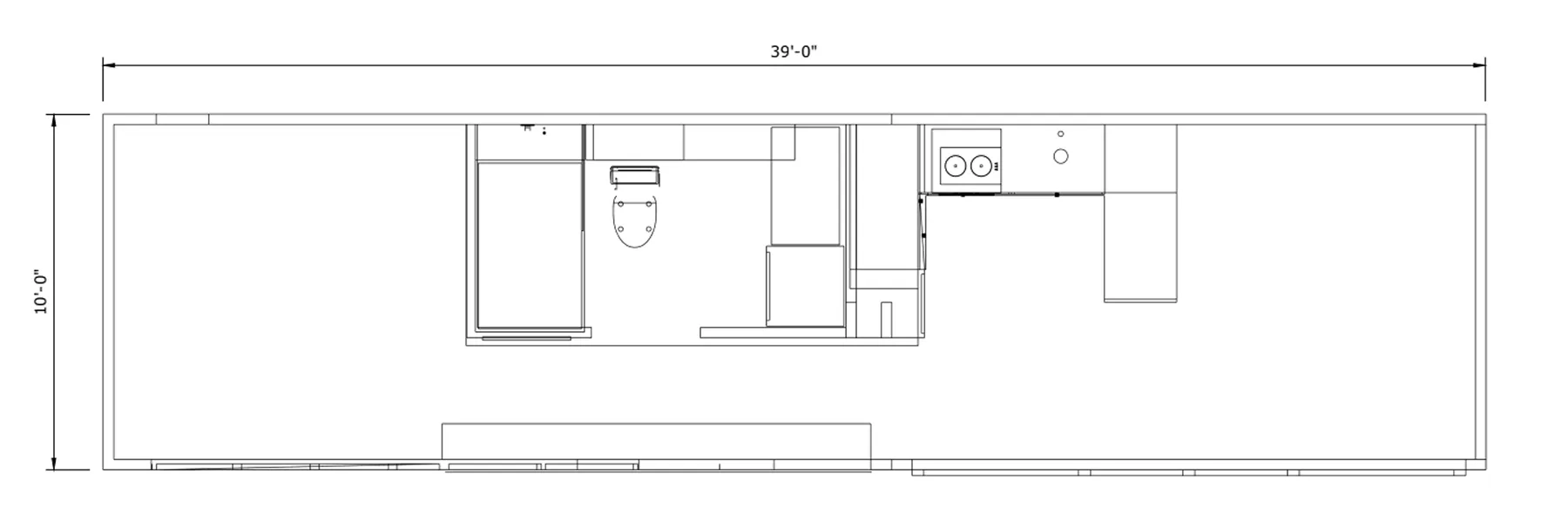 Floor plan of a 39 by 10 feet rectangular space showing a bathroom with toilet and shower area in the center, a kitchen with a sink and stove on the right side, and open space on both ends.