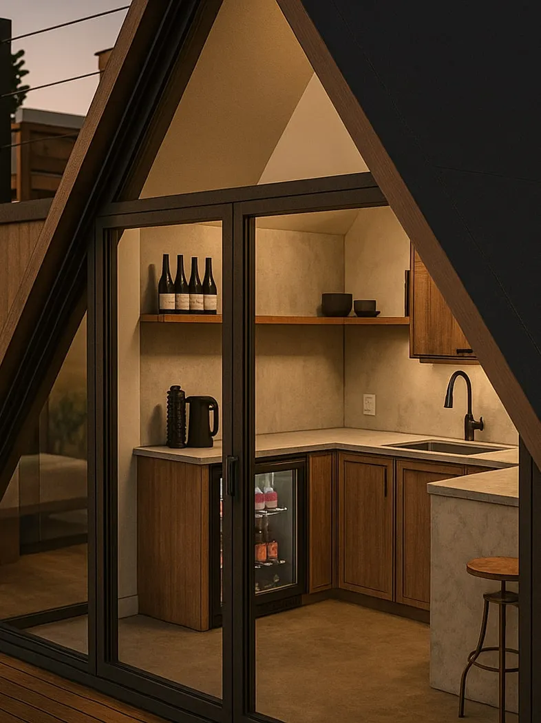 Modern kitchenette with wood cabinets, small refrigerator, and glass door in an A-frame structure during sunset.