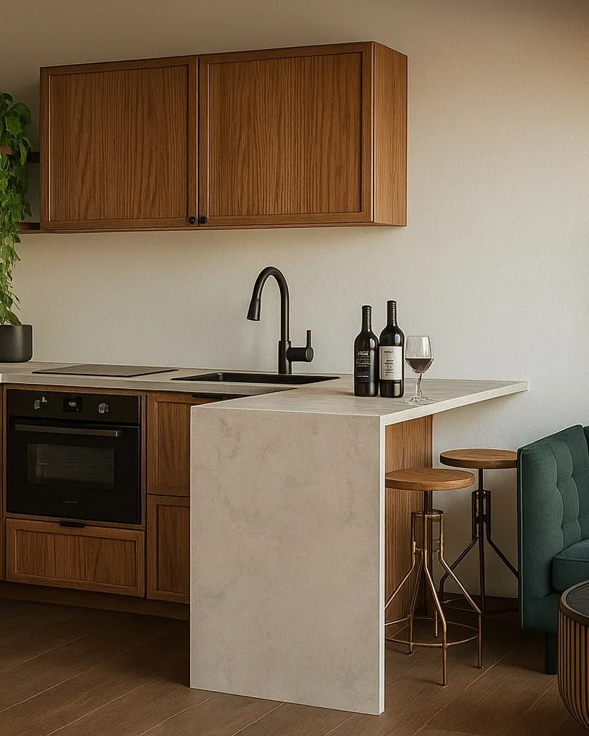 Modern kitchen corner with wood cabinets, black faucet, beige countertop with wine bottles and glass, two wooden bar stools, and a green tufted sofa.