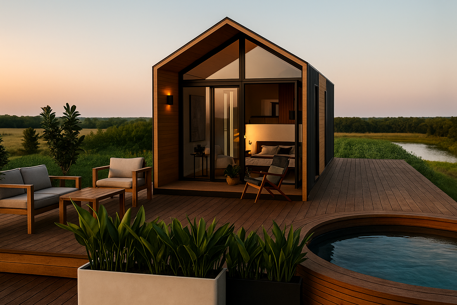 Modern wooden cabin with glass front on a deck at sunset, featuring outdoor seating, greenery, and a hot tub.