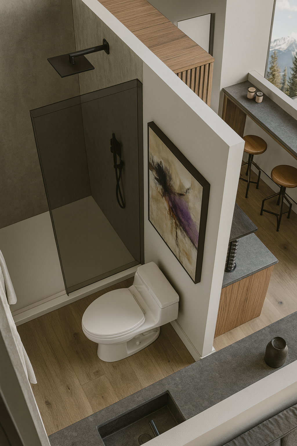 Modern bathroom with wood flooring, white toilet, walk-in shower with black fixtures, abstract painting, and a seating area with stools near a window overlooking trees and mountains.