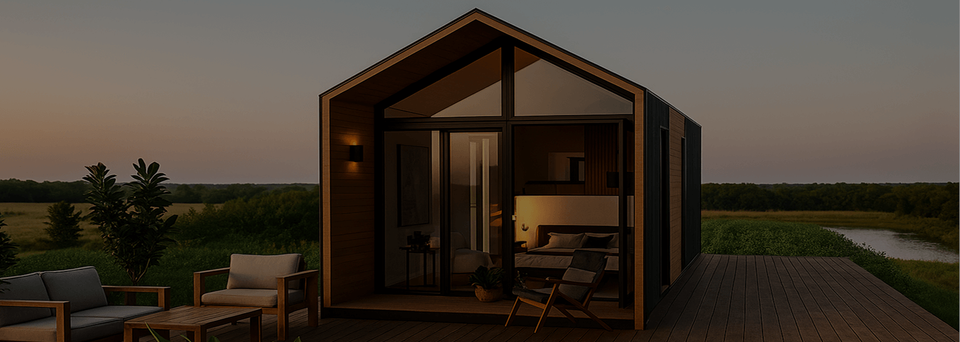 Modern cabin with large glass doors opening to a wooden deck furnished with outdoor seating, overlooking a grassy landscape at dusk.