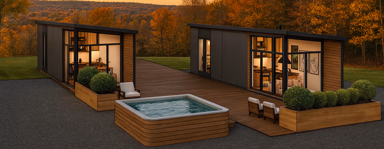 Modern two-unit tiny house with large windows, wooden deck connecting both units, outdoor hot tub, chairs, and planters with greenery at sunset.